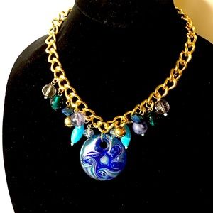 Beautiful heavy Gold chain necklace, swirly blue medallion $25
